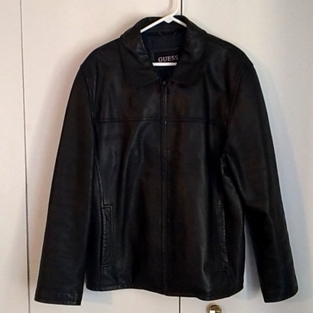 Guess men's black leather jacket size Large